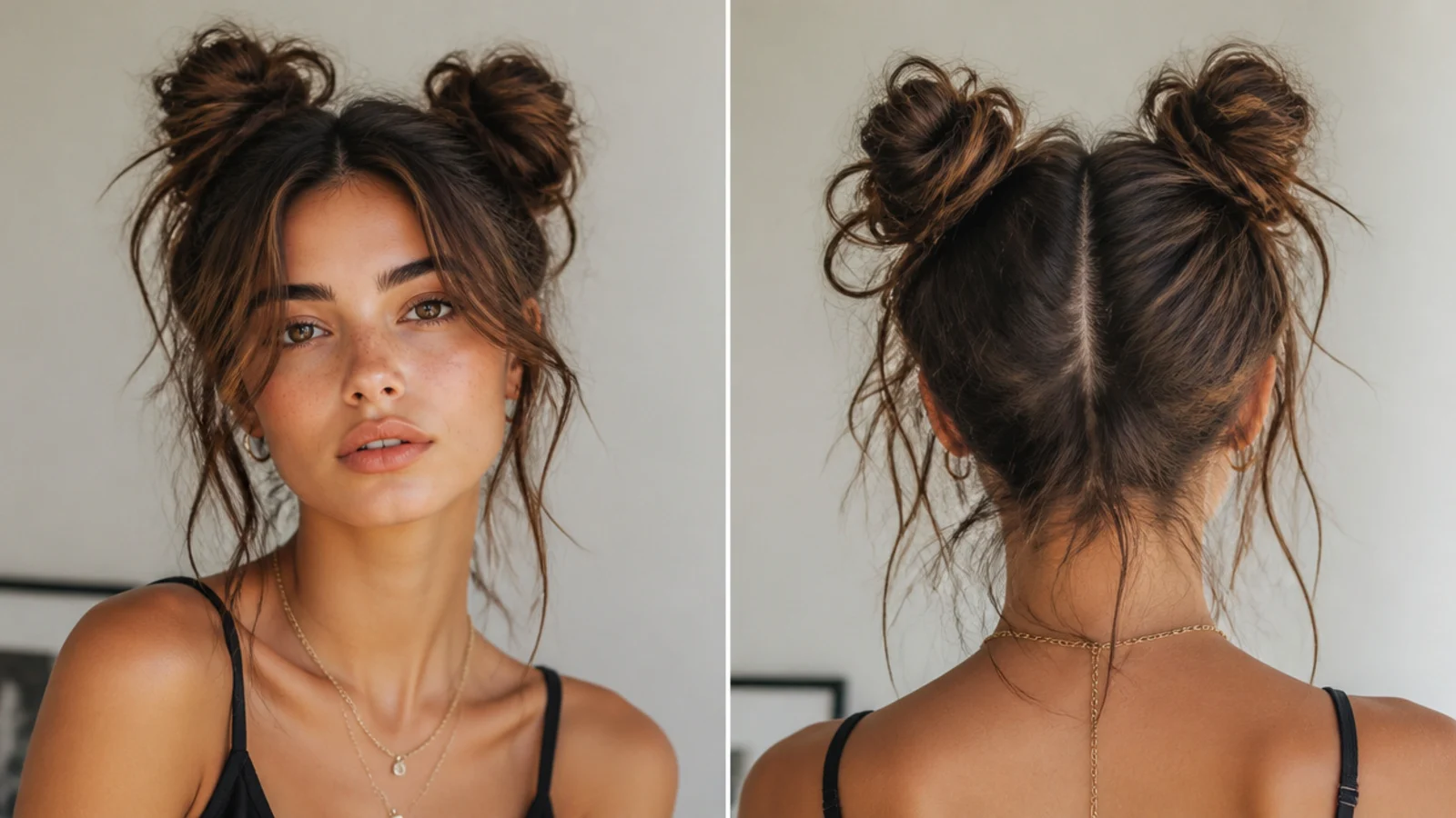 Undone boho space buns with lots of loose, tousled pieces