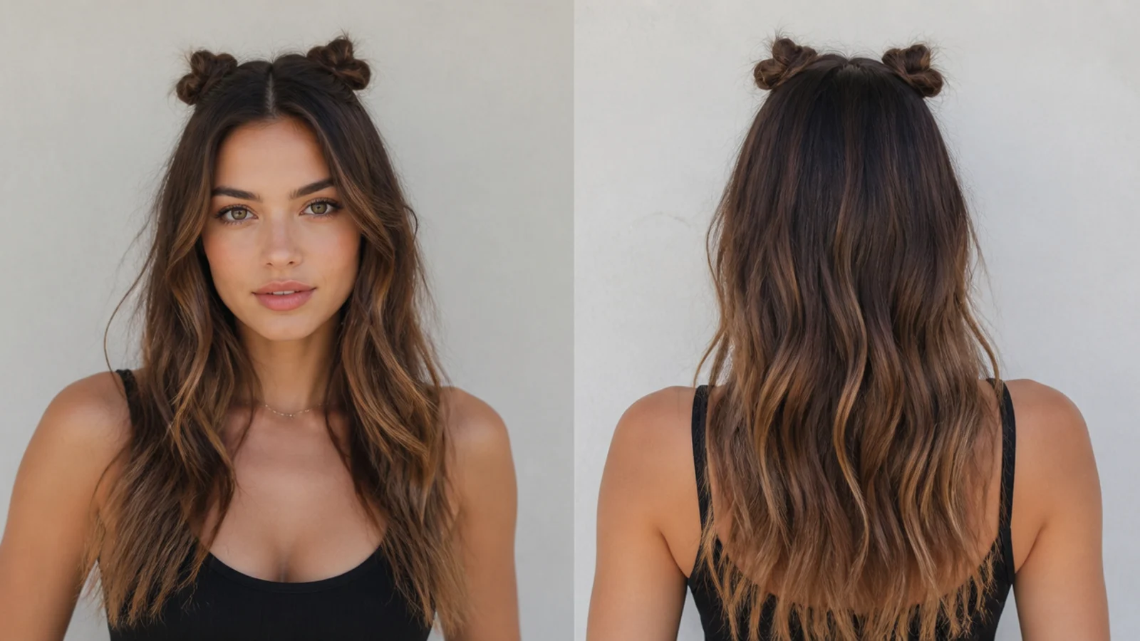 Two tiny mini space buns with the rest of the hair down