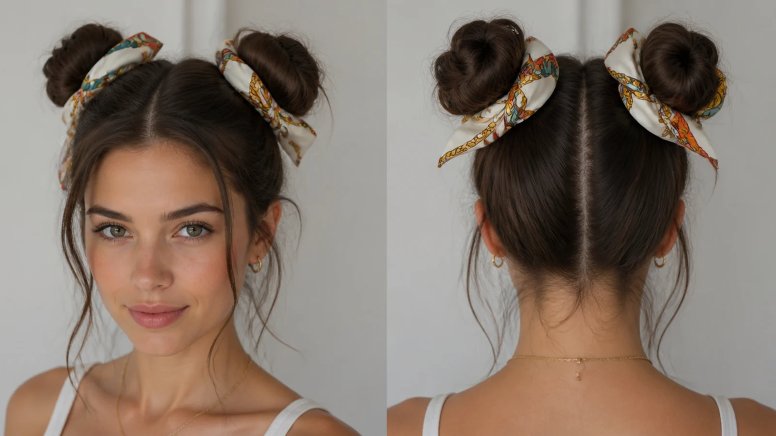 Space buns wrapped with a printed silk scarf