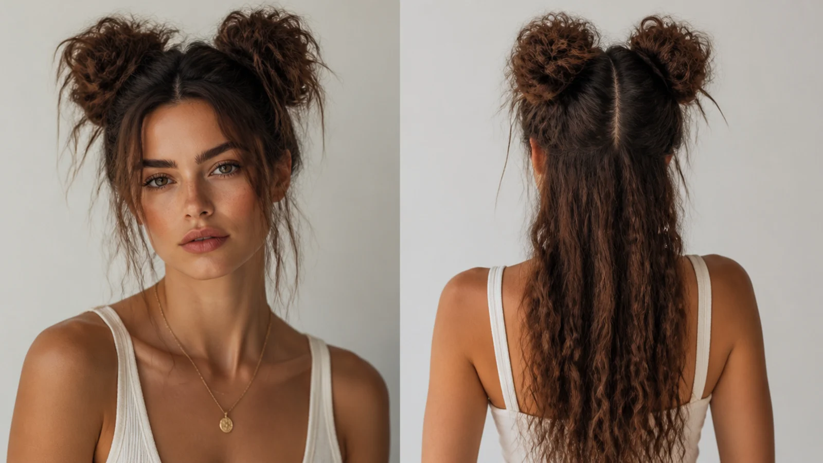 Space buns made from crimped, textured hair for extra volume