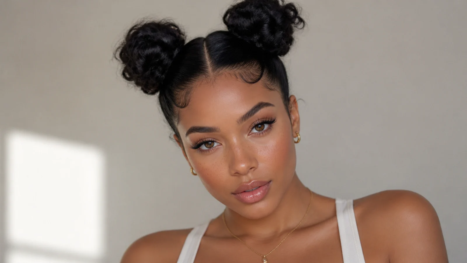 Sleek space buns with styled, laid baby hair edges