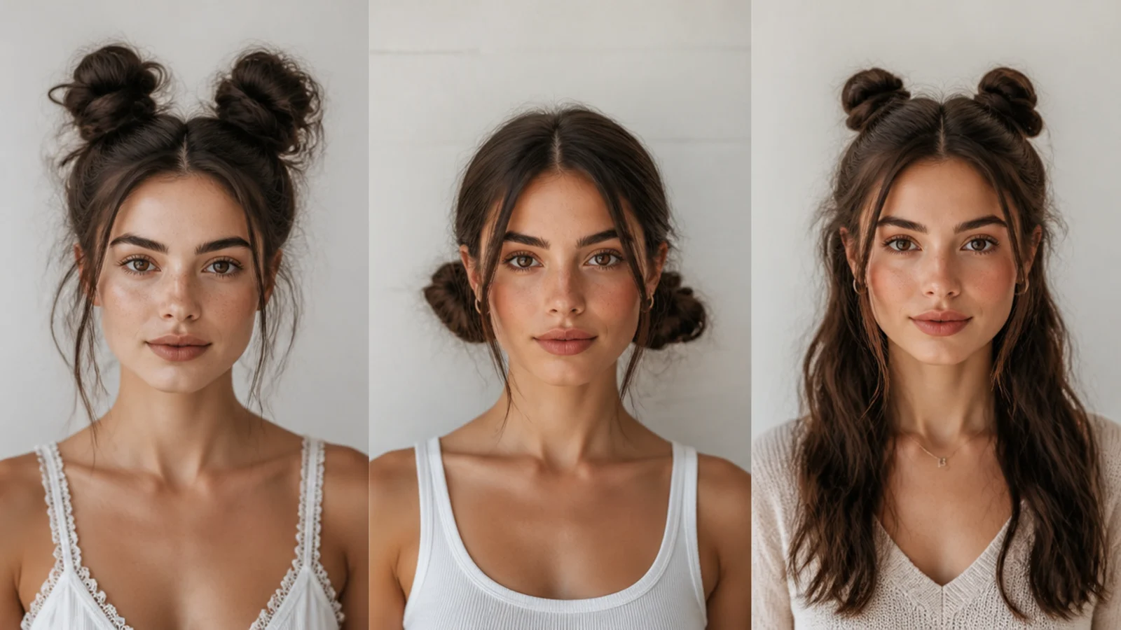 Space buns shown high and messy, low and sleek, and half-up for comparison
