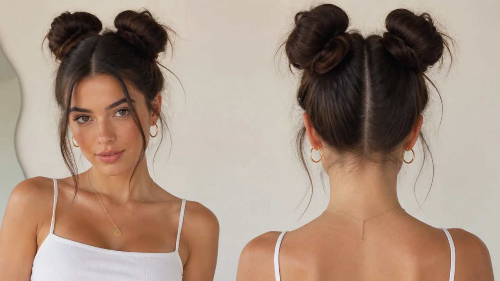 Two cute messy space buns styled high with face-framing pieces