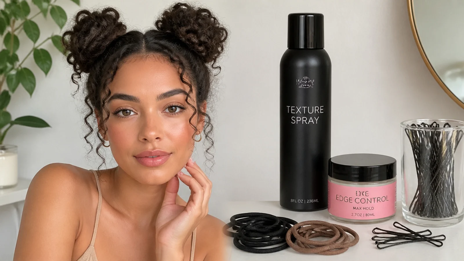Elastics, bobby pins, texture spray and edge control for styling space buns