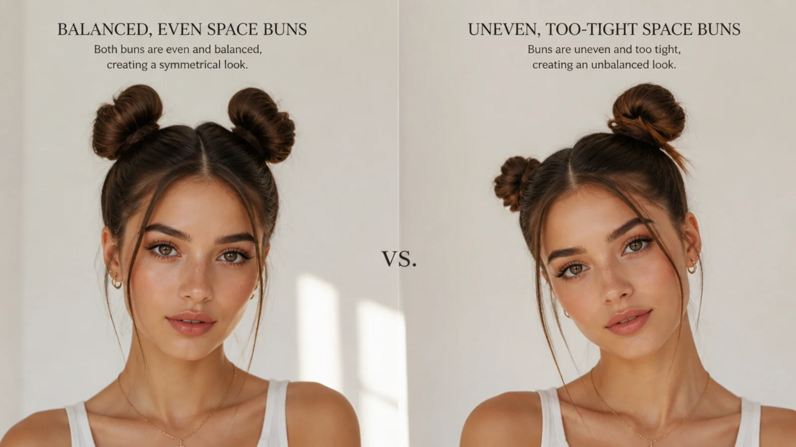 Comparison of balanced, even space buns and uneven, too-tight ones