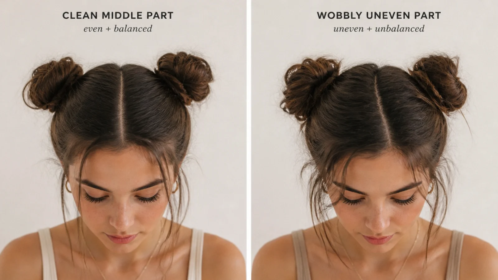 A clean straight middle part versus a wobbly uneven one for space buns