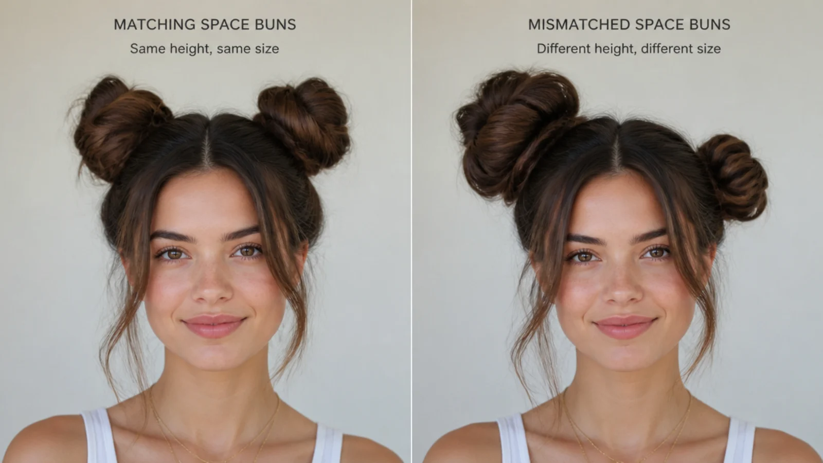 Two space buns lined up at matching heights versus mismatched ones