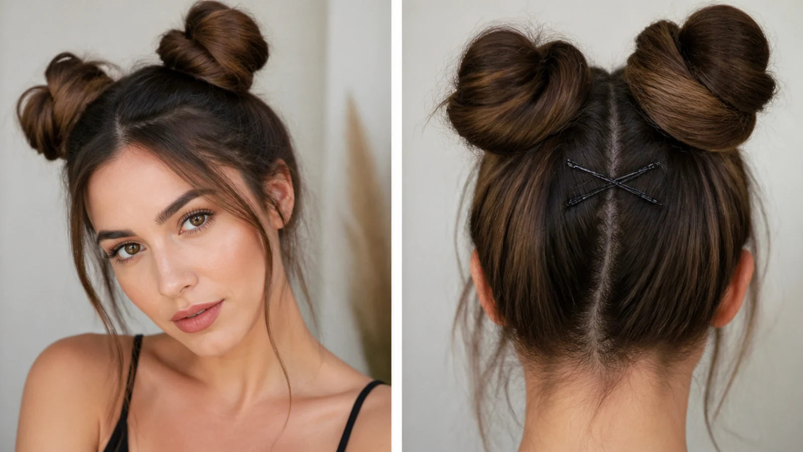 Bobby pins crossed under a space bun for extra hold