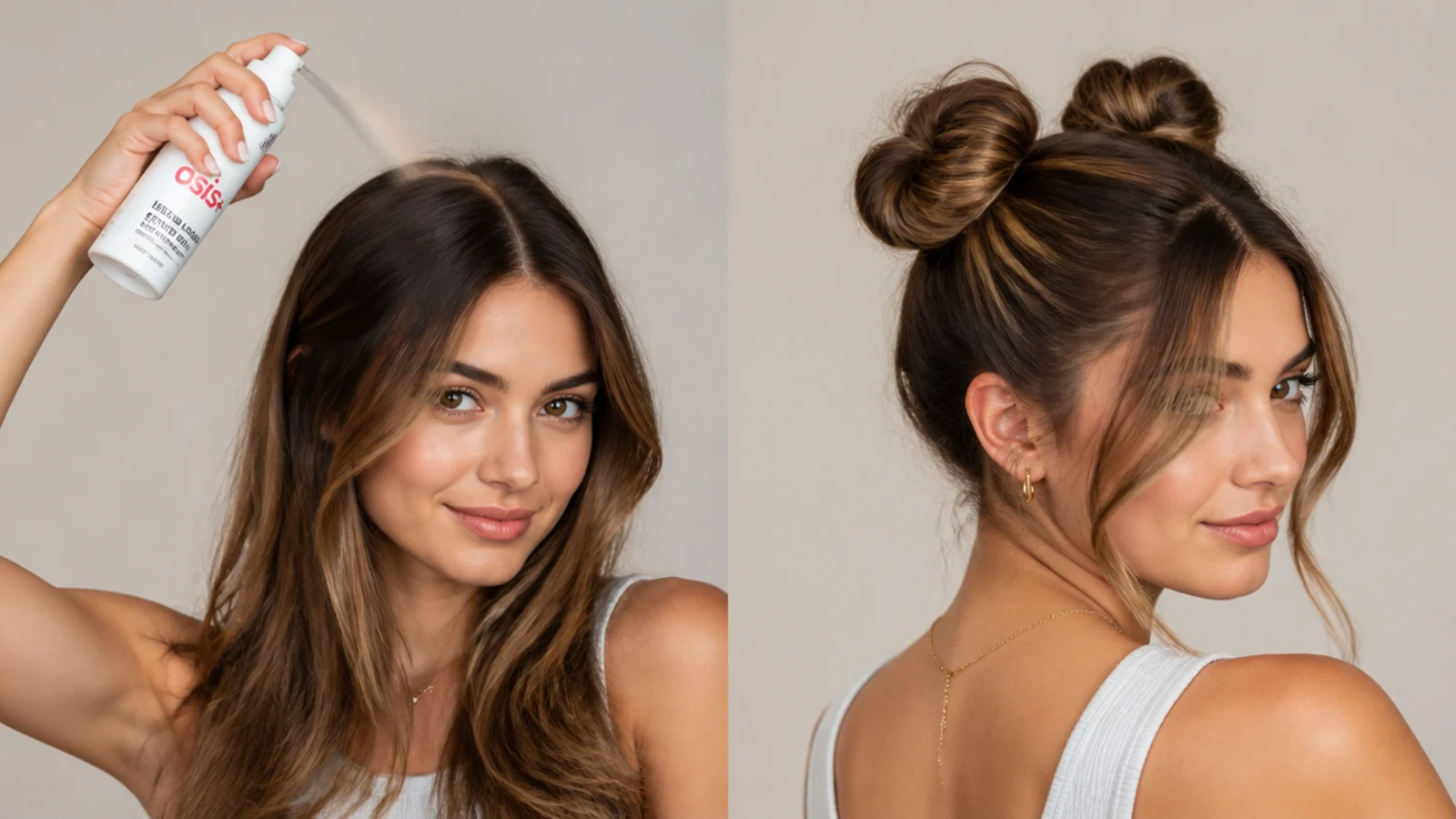 Texture spray added to clean hair for better space bun grip