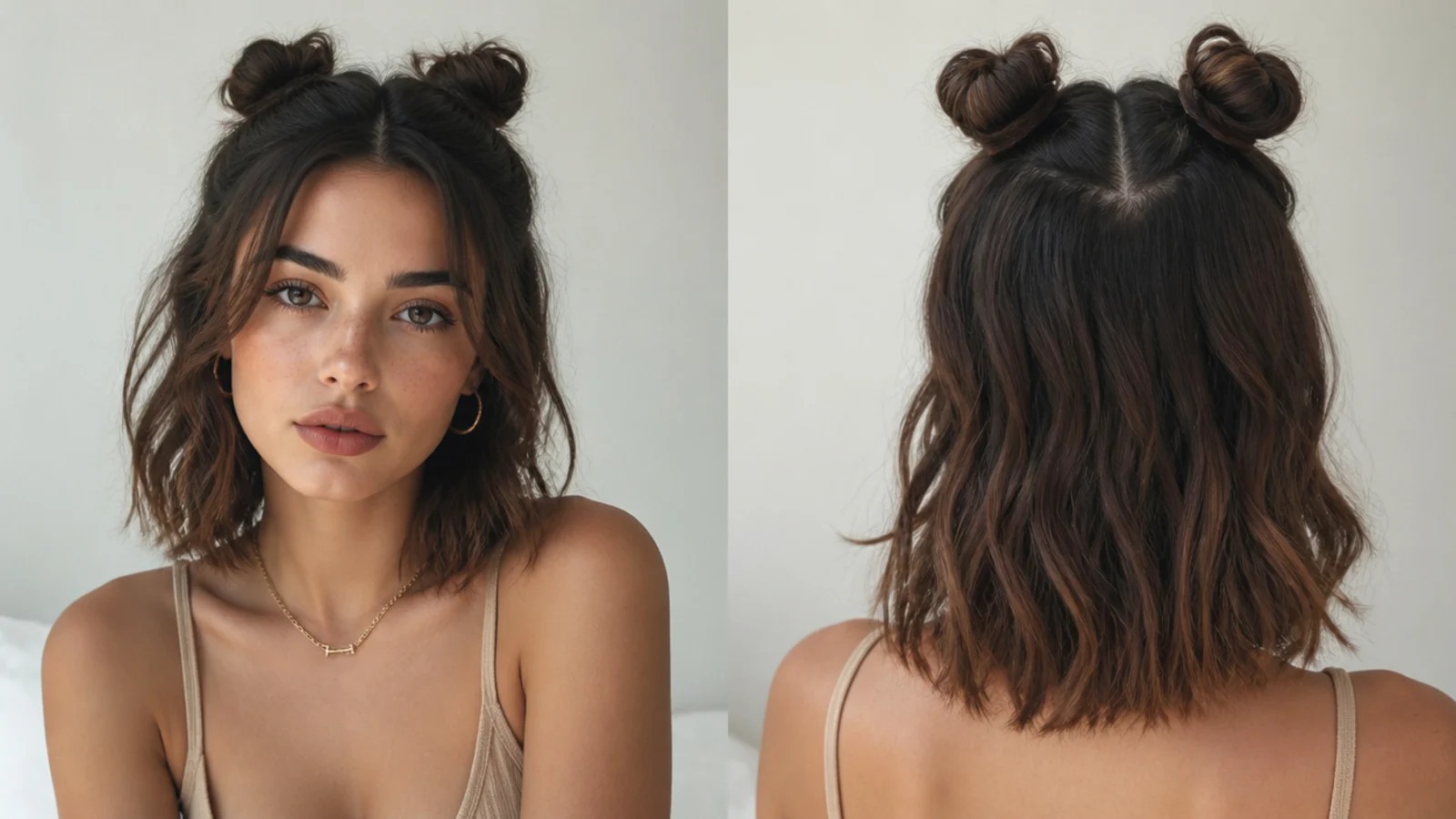 Half-up mini space buns on short hair with the rest left down