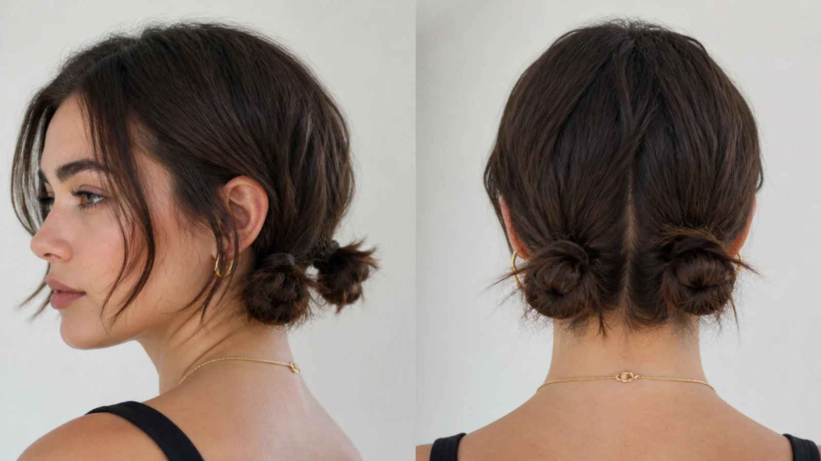 Two low mini space buns at the nape on short hair