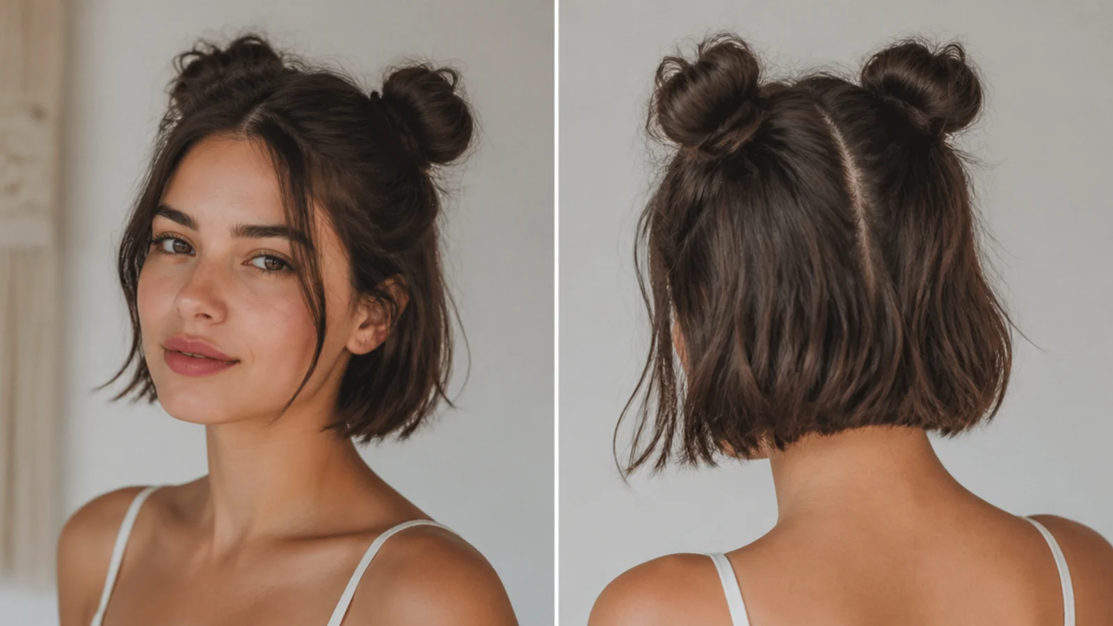 Mini space buns on short hair with soft loose pieces framing the face