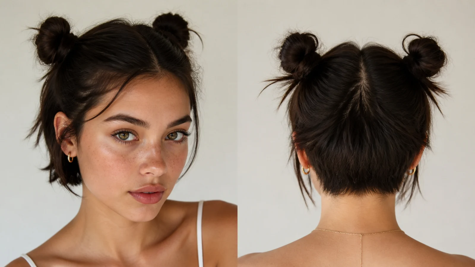 Short hair space buns with short pieces neatly pinned back