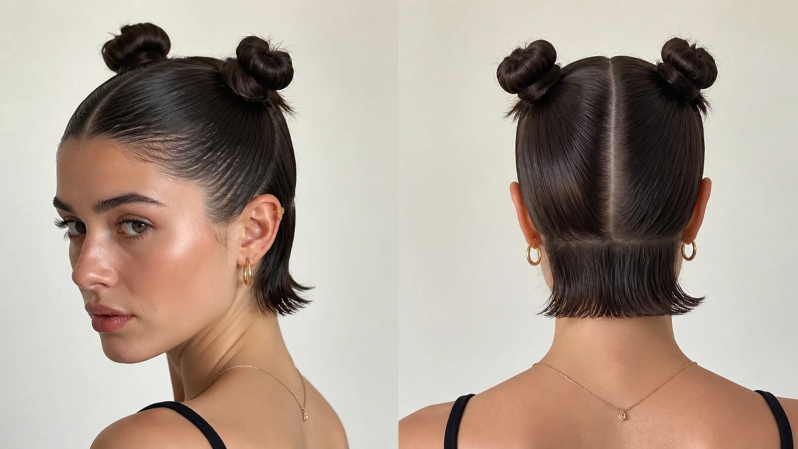 Sleek, gelled mini space buns on short hair