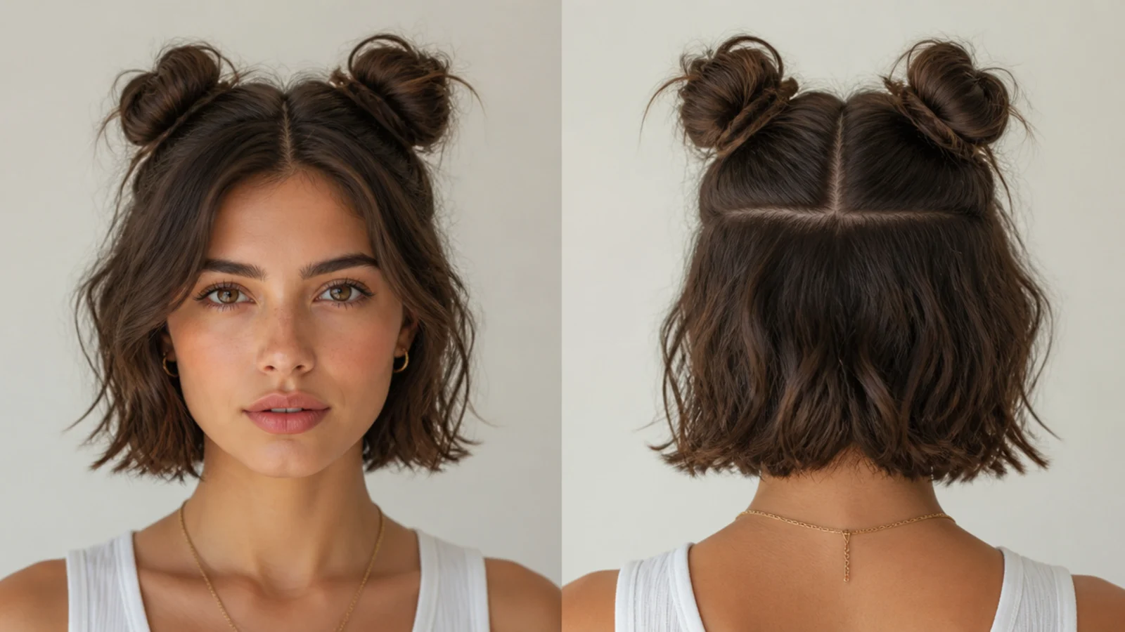 Two soft, messy mini space buns on short hair