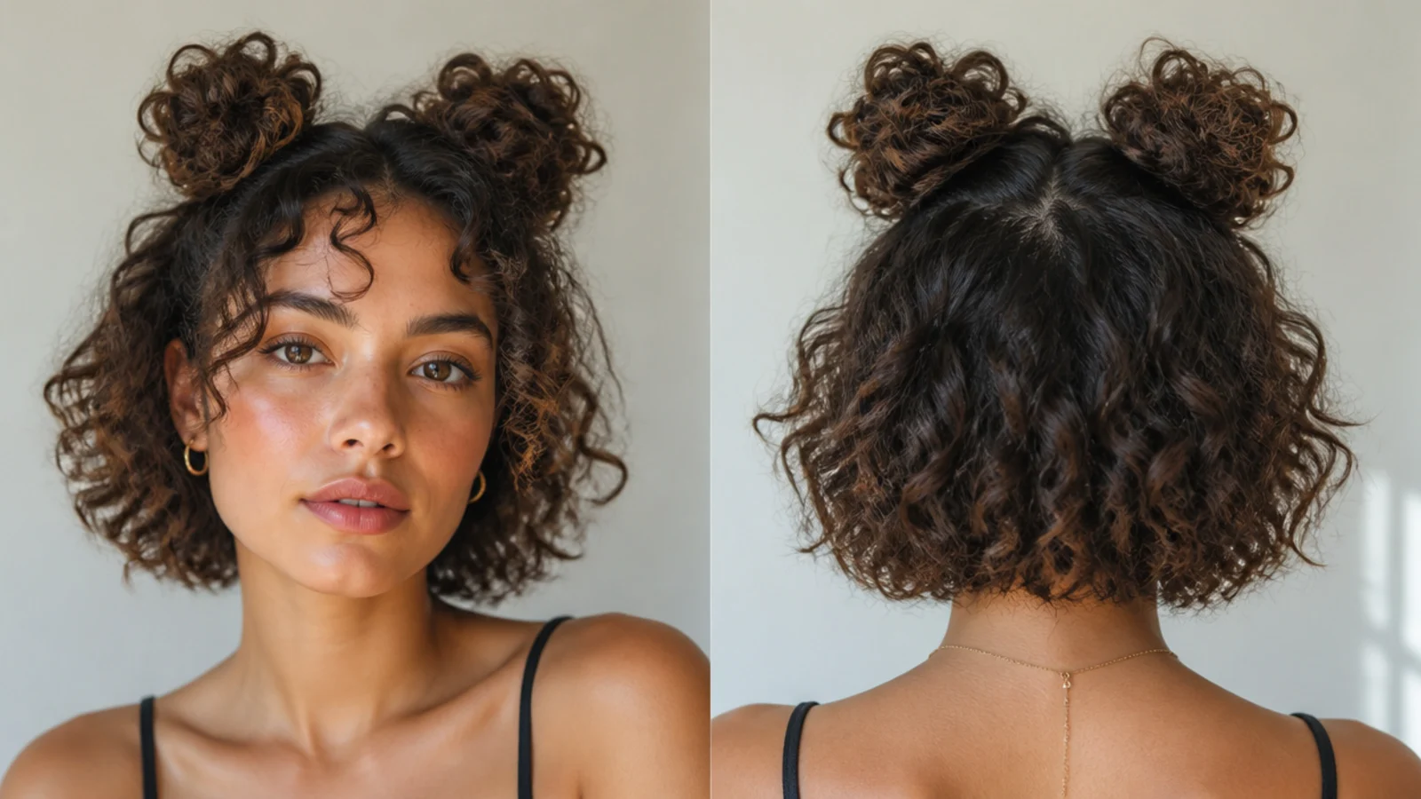 Curly short hair in two voluminous mini space buns