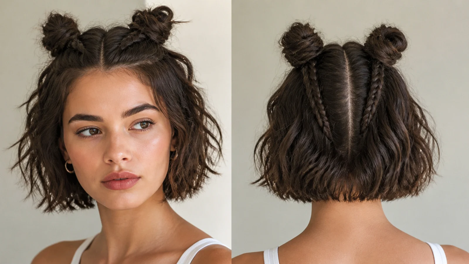 Short hair with small braids leading into mini space buns