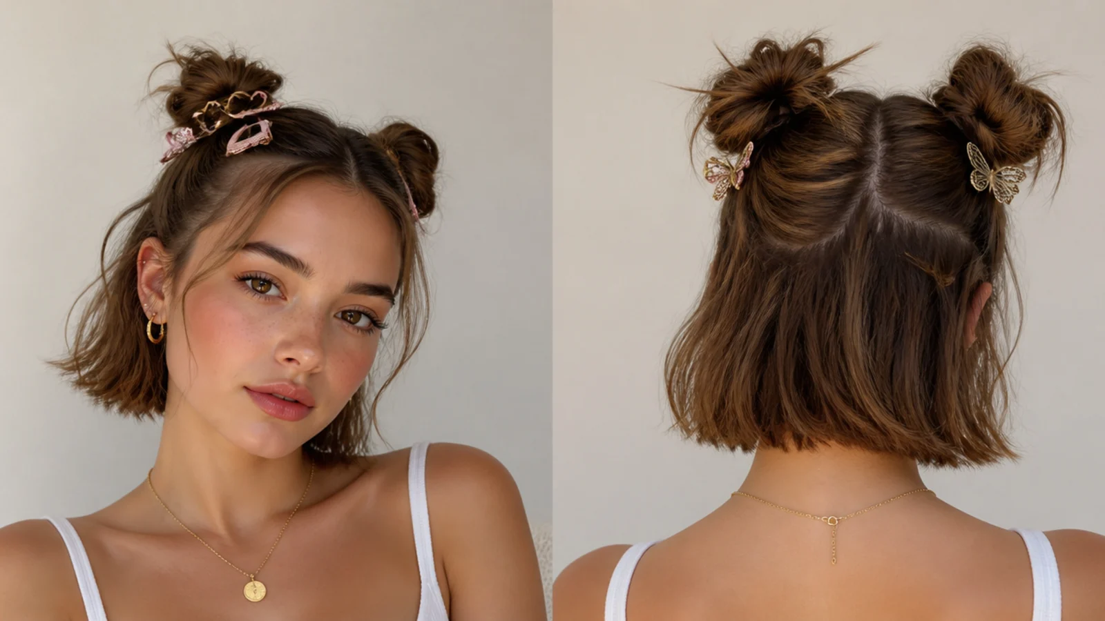Short hair mini space buns with cute clips and pins