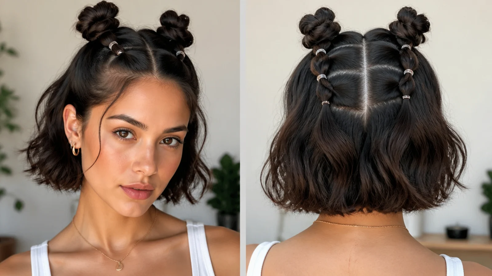Short hair with bubble braids leading into mini space buns