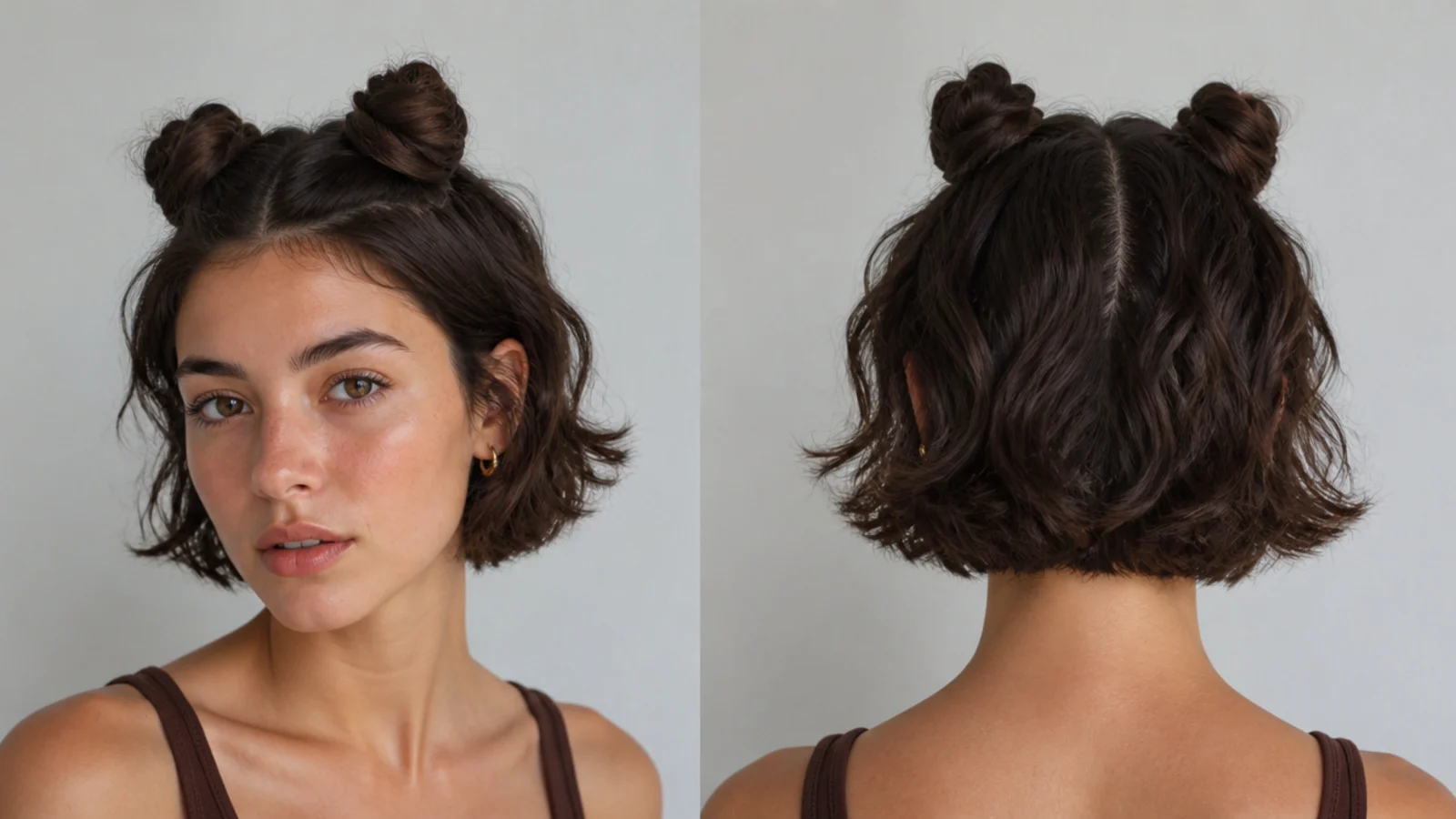 Short hair twisted into two mini rope buns