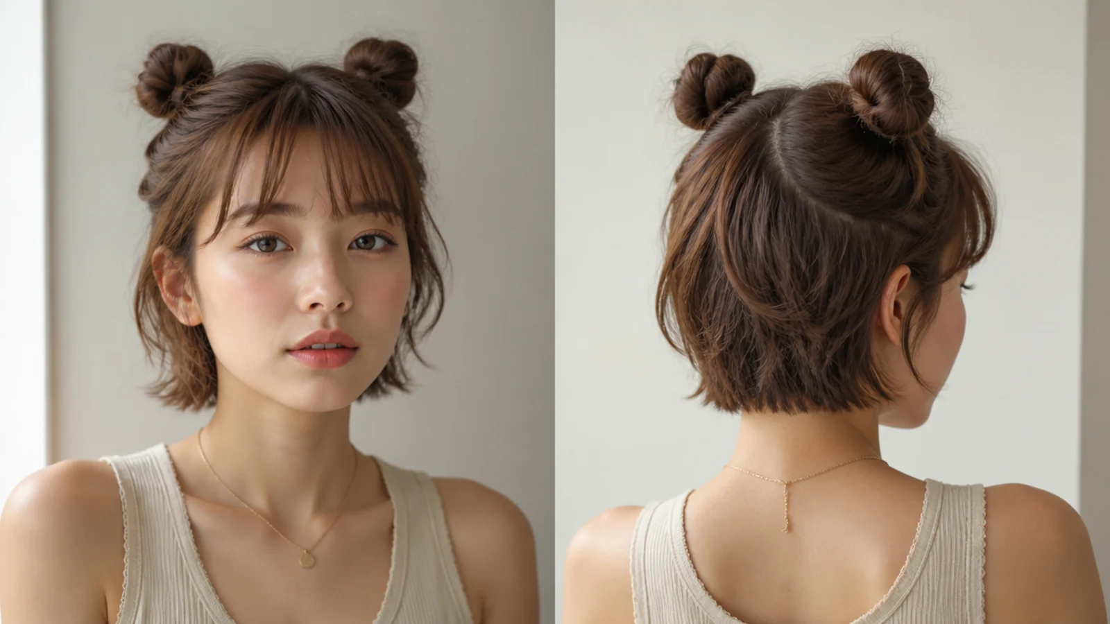 Short hair mini space buns worn with bangs
