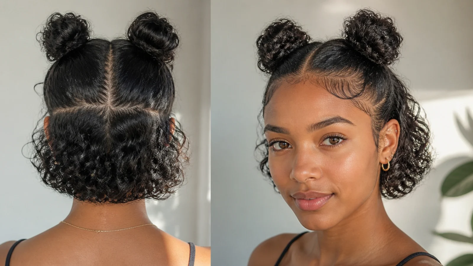 Short hair mini space buns with neatly laid edges