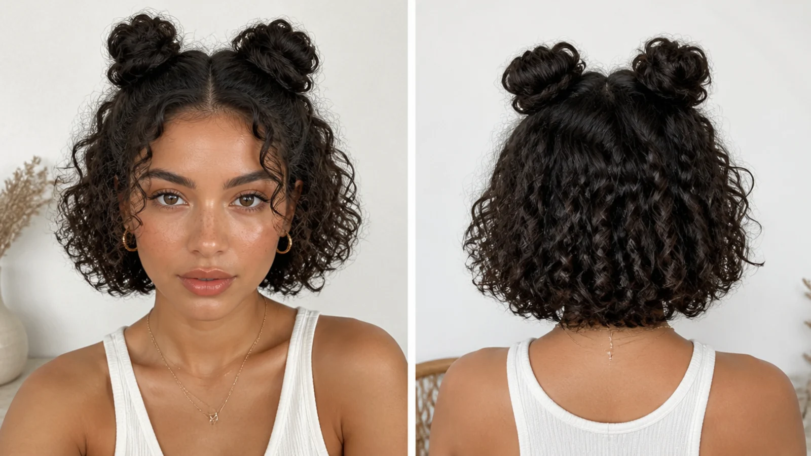 Short curly hair in half-up mini space buns