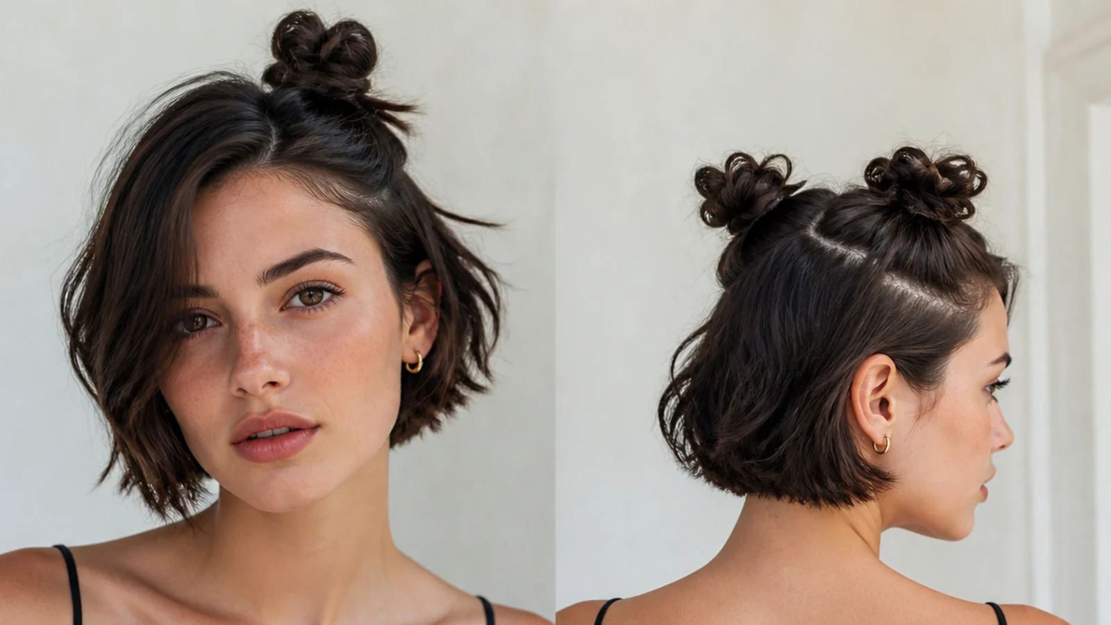 Short hair with asymmetric side mini space buns