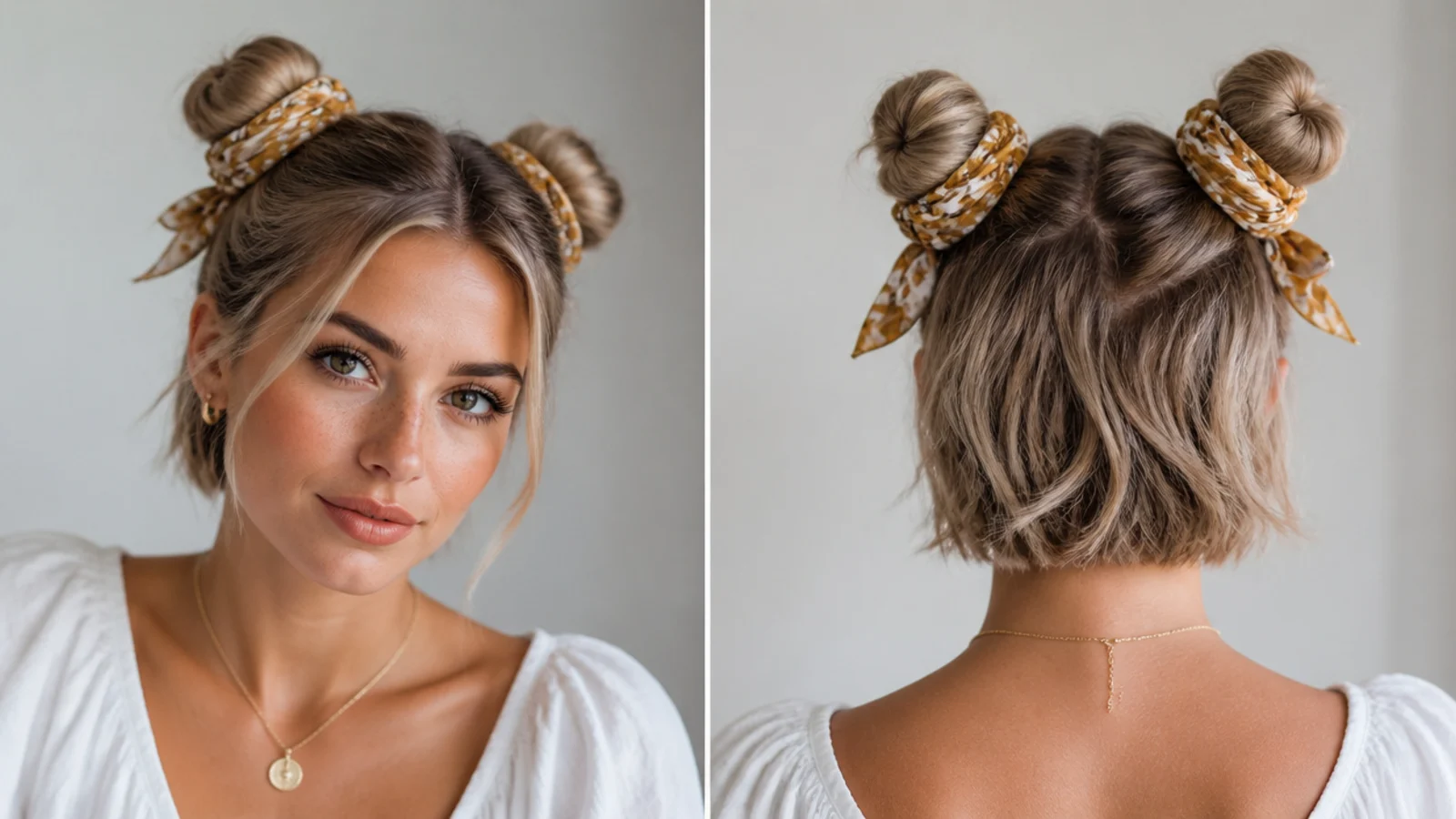 Short hair mini space buns wrapped with a small scarf