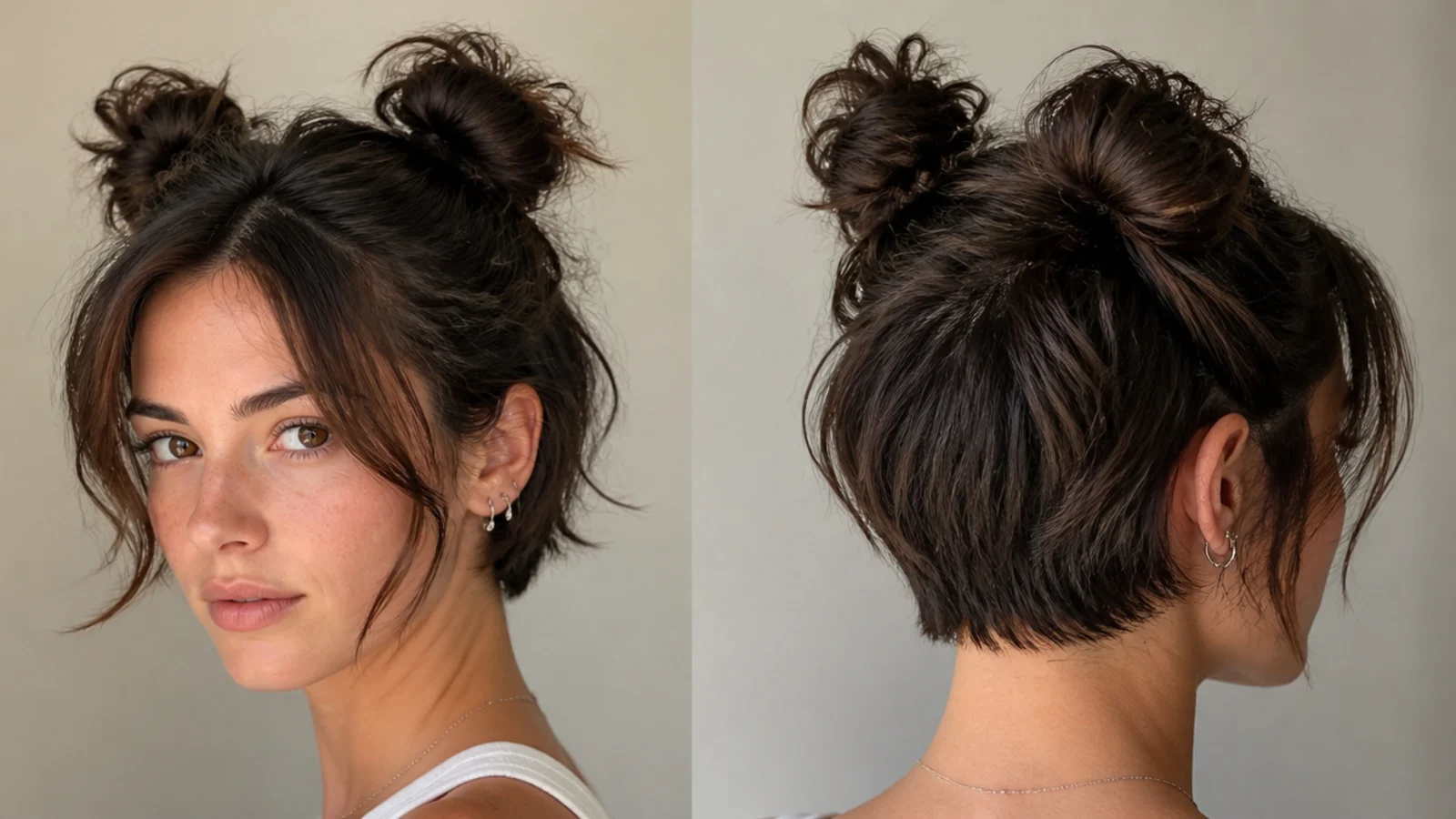 Short hair with textured, tousled mini space buns