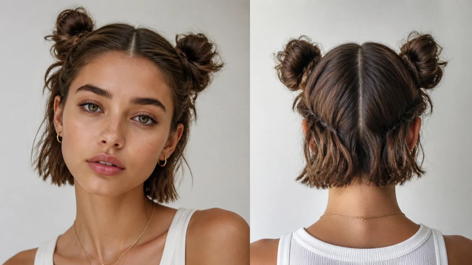 Short hair mini space buns with a clean middle part