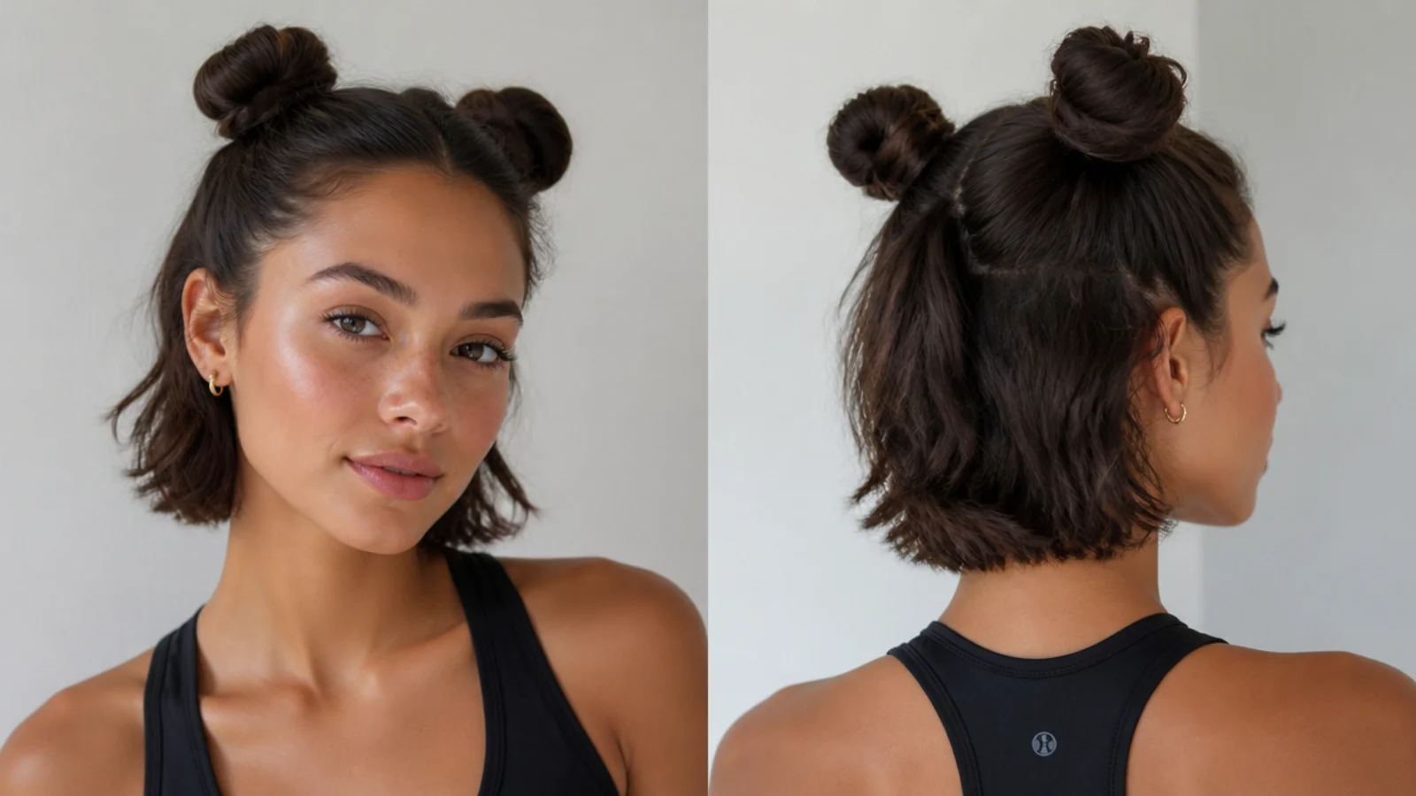 Practical mini space buns on short hair for the gym