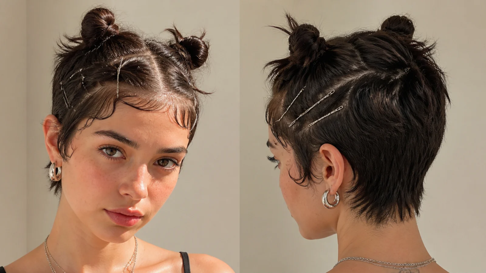 Very short hair with tiny space buns and lots of pinned pieces