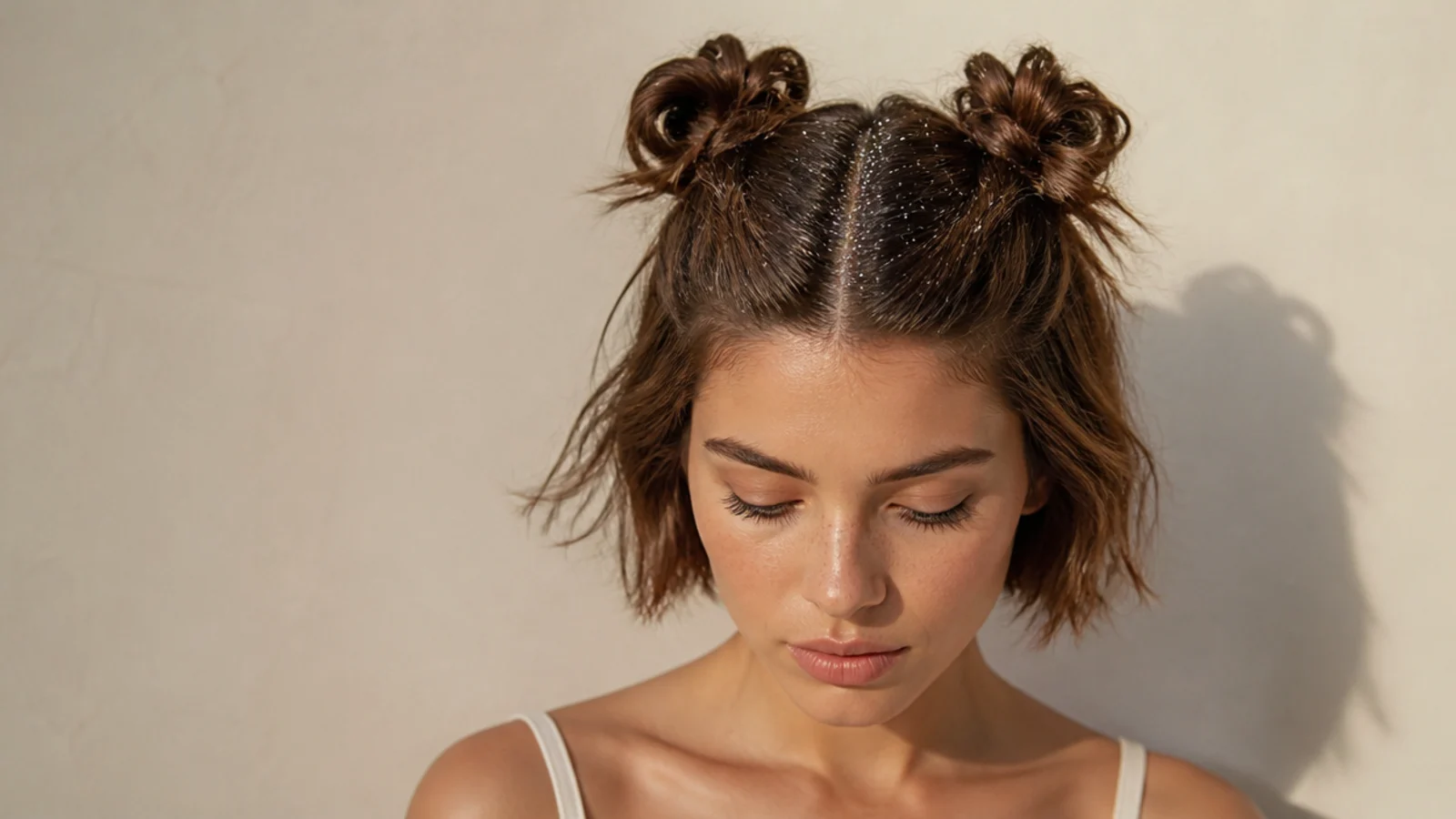 Short hair mini space buns with glitter along the part