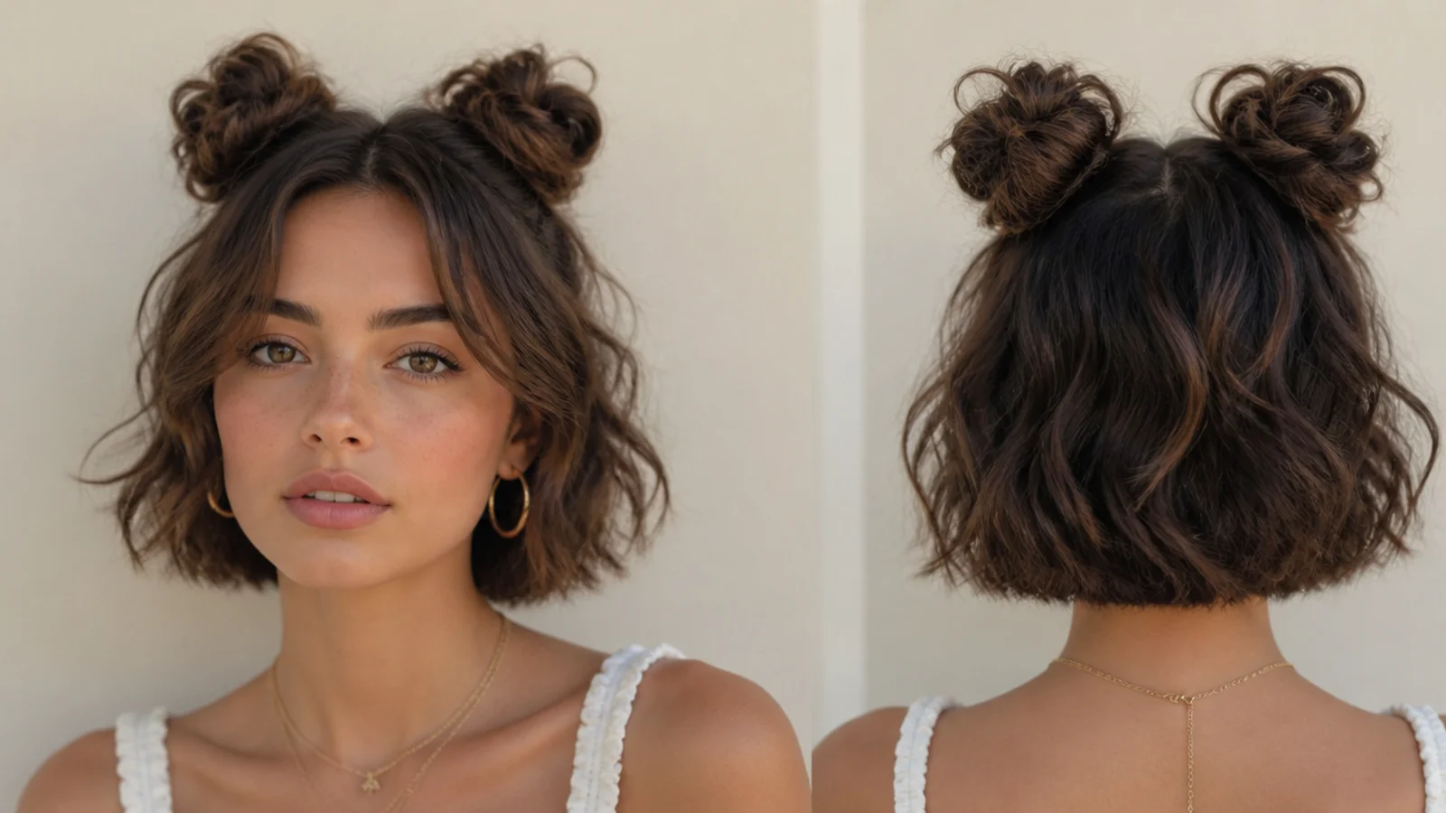 Soft boho mini space buns on short wavy hair