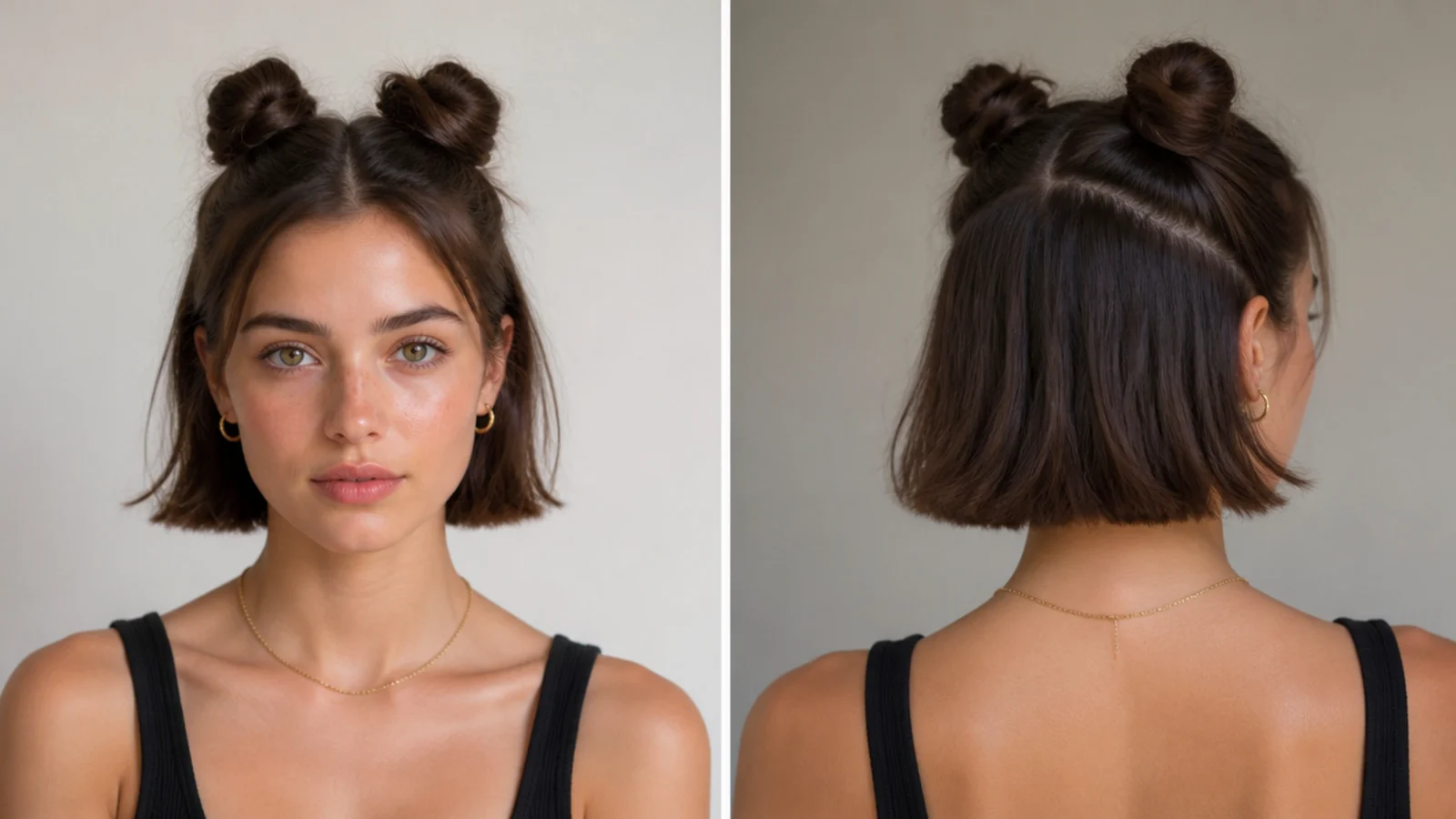 Sleek half-up mini space buns on a short bob