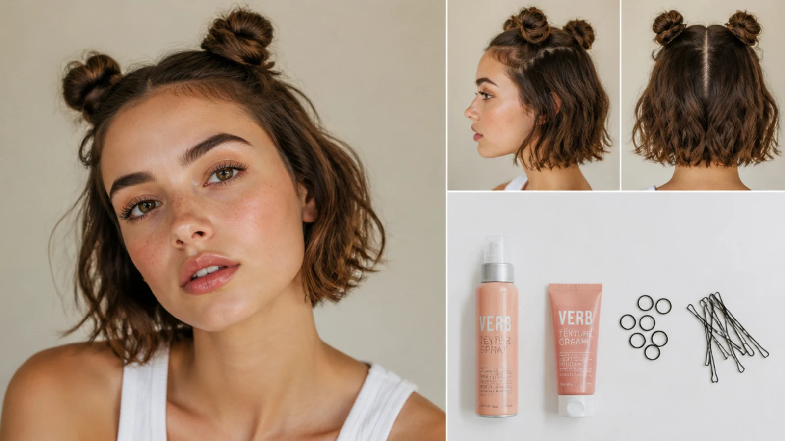 Texture product, small elastics and bobby pins for short-hair space buns