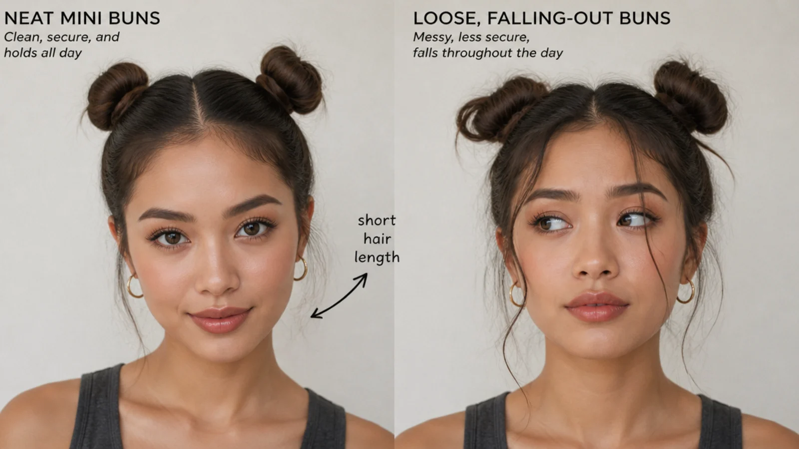 Neat mini space buns versus loose, falling-out short-hair buns