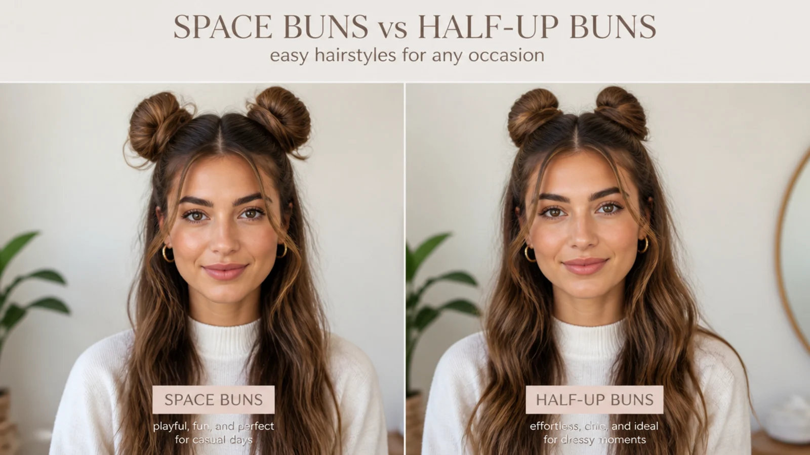 Space buns vs half-up buns comparison, vertical Pinterest style
