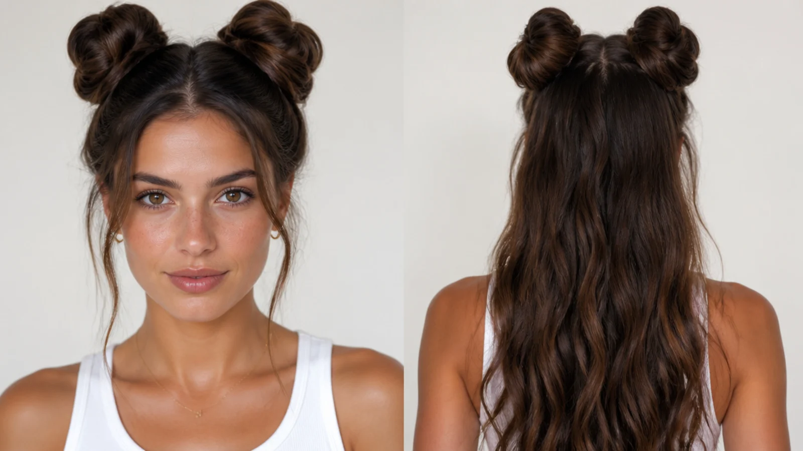 Two high space buns using all of the hair