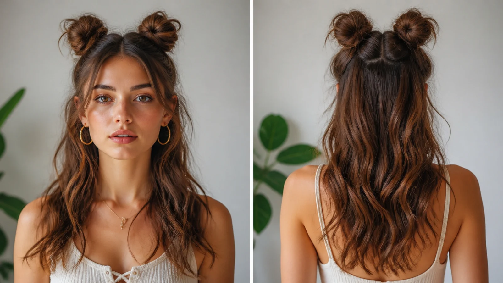 Half-up space buns as a hybrid of the two styles