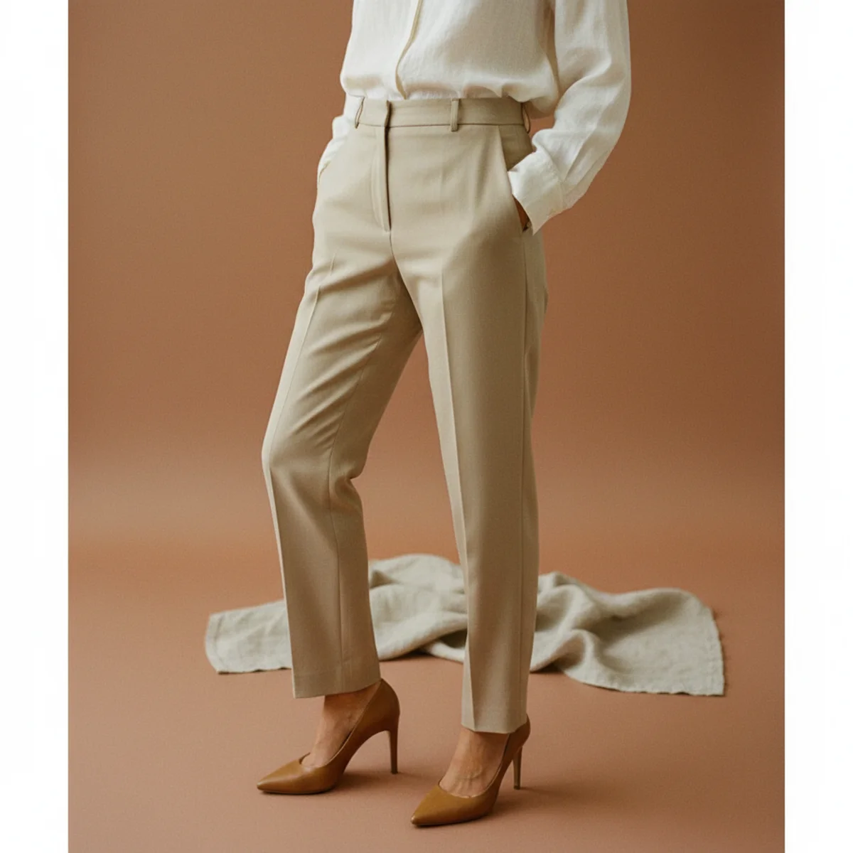 Faceless waist-down editorial of tailored high-waisted beige trousers with a tucked-in white blouse and pointed camel court heels