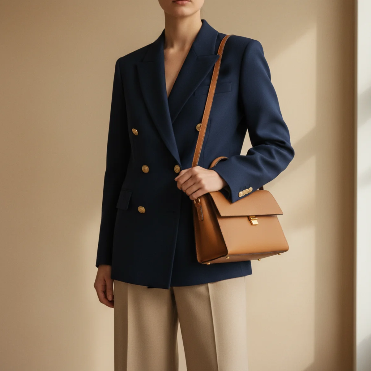 Faceless waist-up editorial of beige wide-leg tailored trousers with a double-breasted navy blazer and a structured tan leather bag