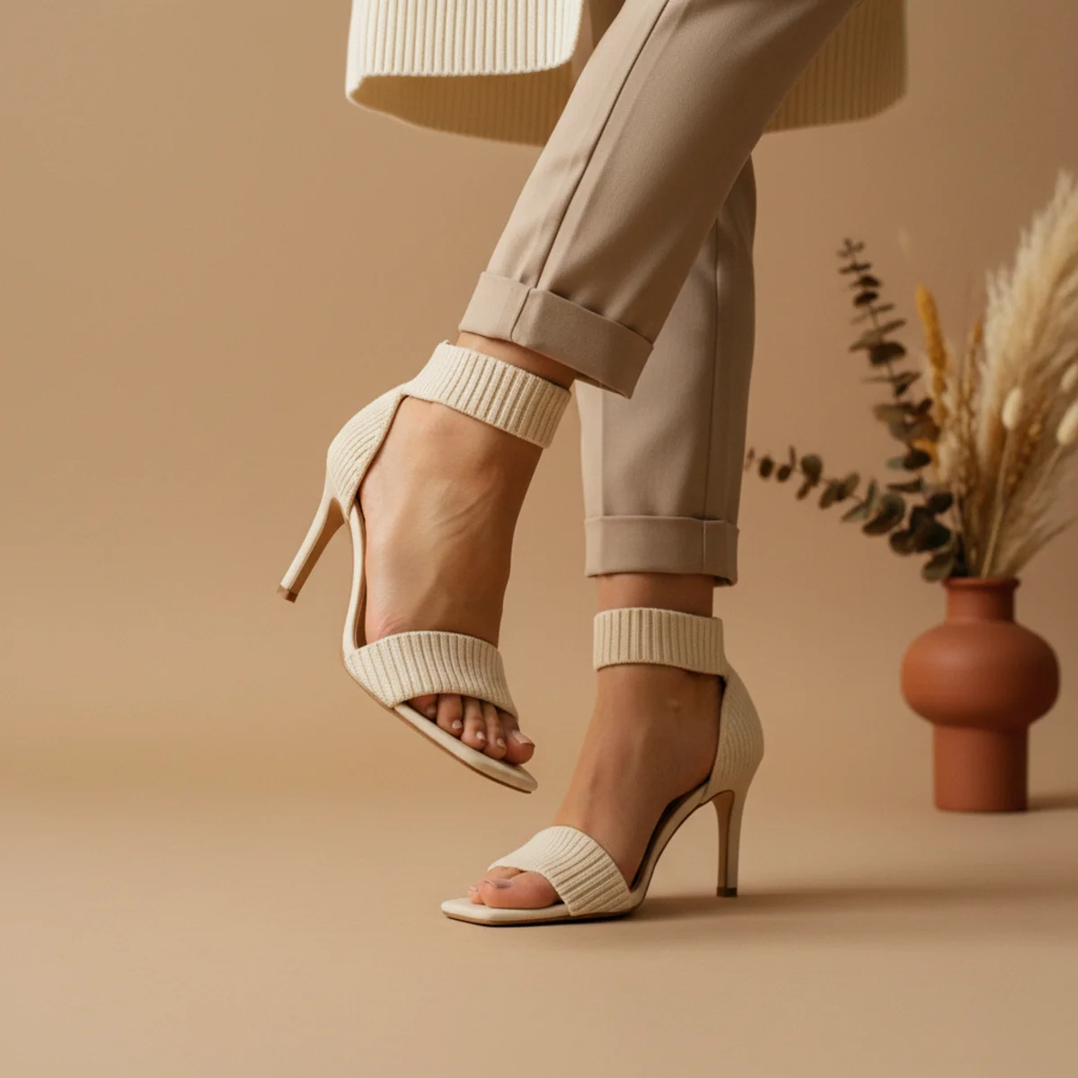 Faceless waist-down editorial of beige straight-leg trousers with black ankle-strap heeled sandals and the hem of a cream ribbed knit top