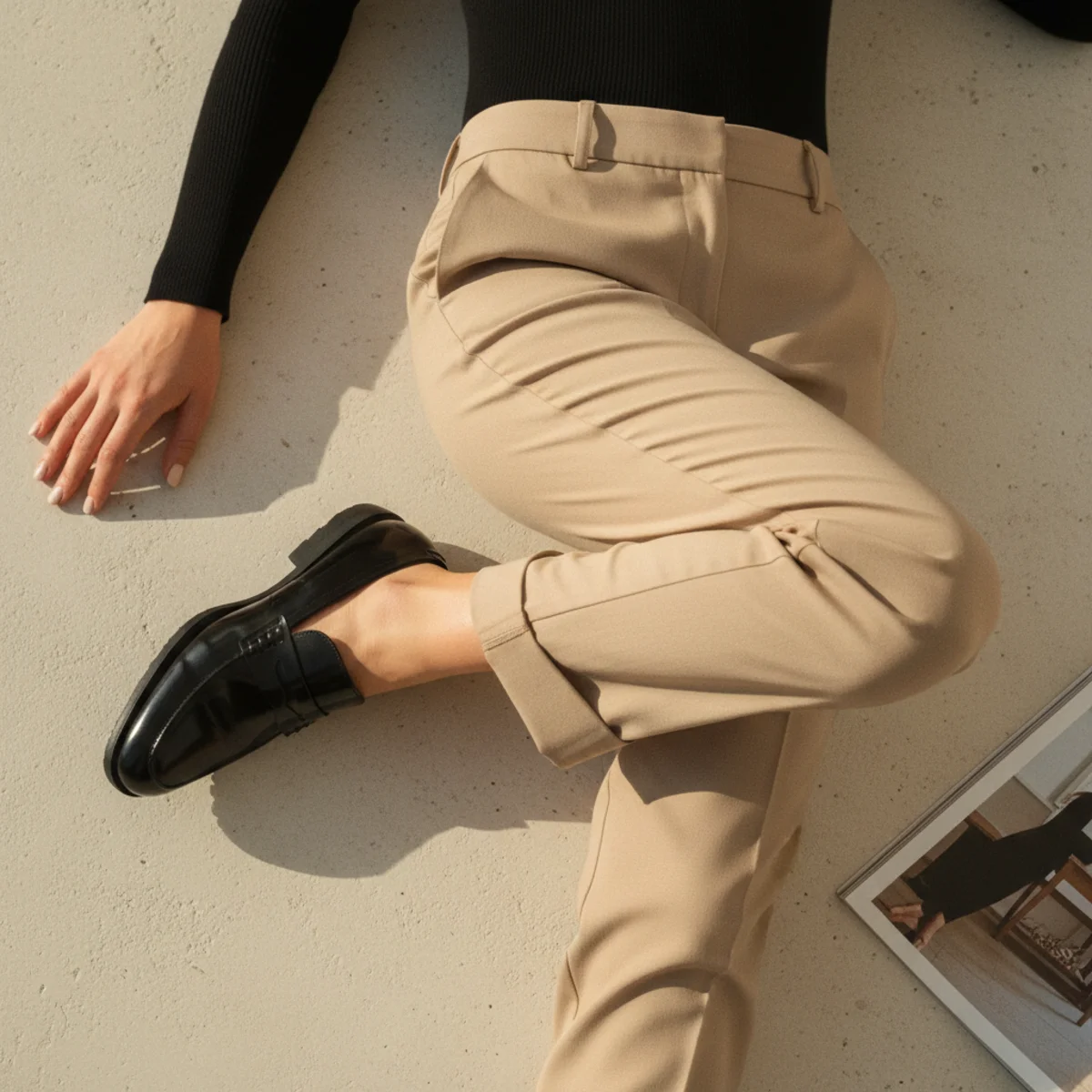 Faceless waist-down editorial of beige straight-leg trousers with black loafers and the hem of a black fitted turtleneck