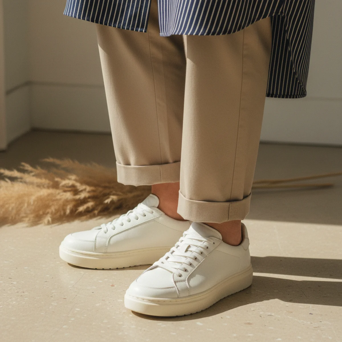 Faceless waist-down shot of beige tailored trousers with white trainers and a tucked-in navy striped button-down shirt