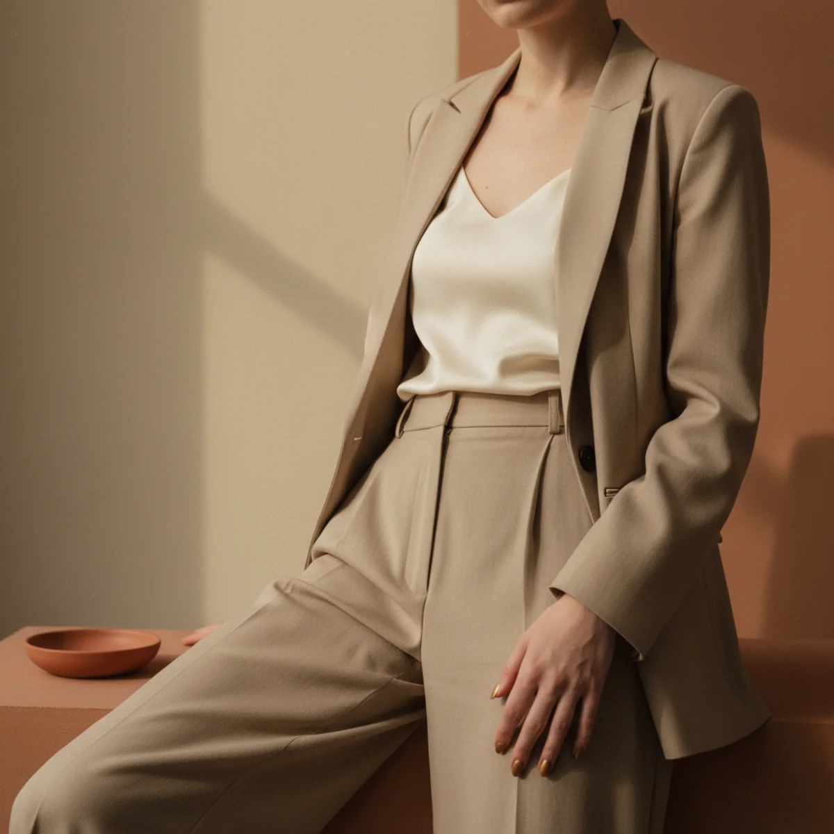 Faceless waist-up editorial of beige wide-leg trousers with a matching beige blazer over a cream silk cami top