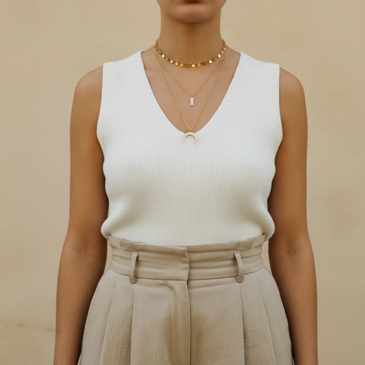 Faceless waist-up shot of beige high-waisted wide-leg trousers with a white fitted vest tucked in and delicate layered gold necklaces