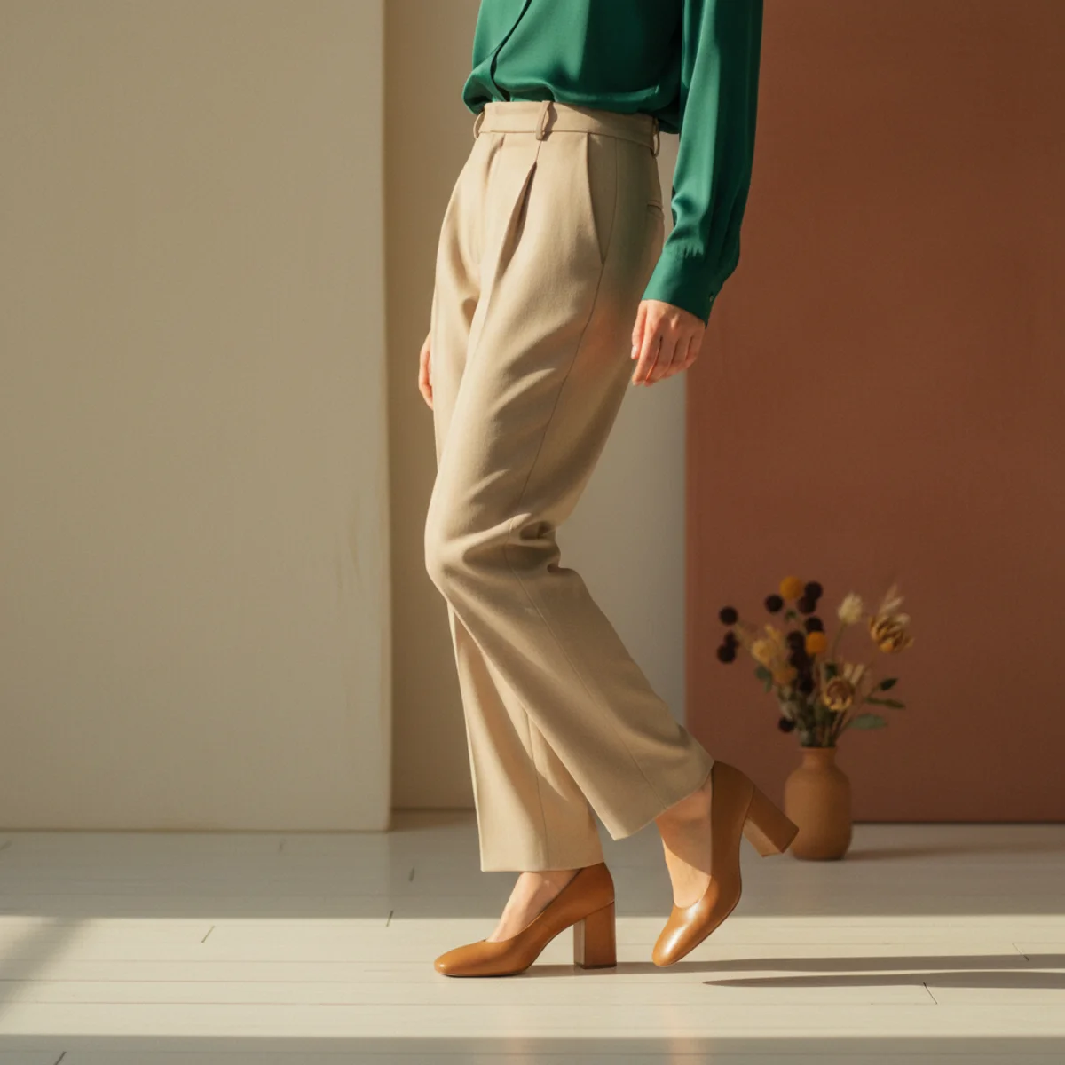 Faceless waist-down editorial of beige tailored trousers with tan block-heel shoes and the hem of a forest-green silk blouse