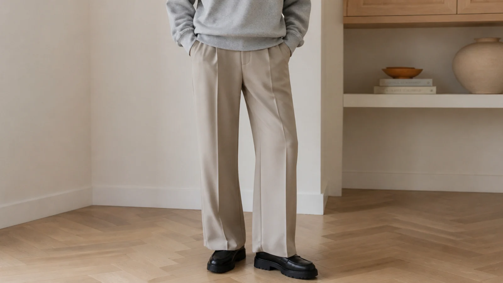 Faceless waist-down shot of beige tailored trousers with black chunky loafers and the hem of a gray marl sweatshirt